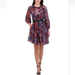 Vince Camuto Metallic Chiffon Fit And Flare Long Sleeve Dress Size 8